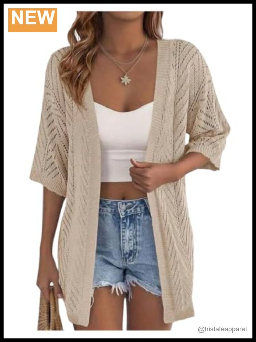 Open Front Knit Cardigan Sweater for Women 3/4 Sleeve Hollow Out